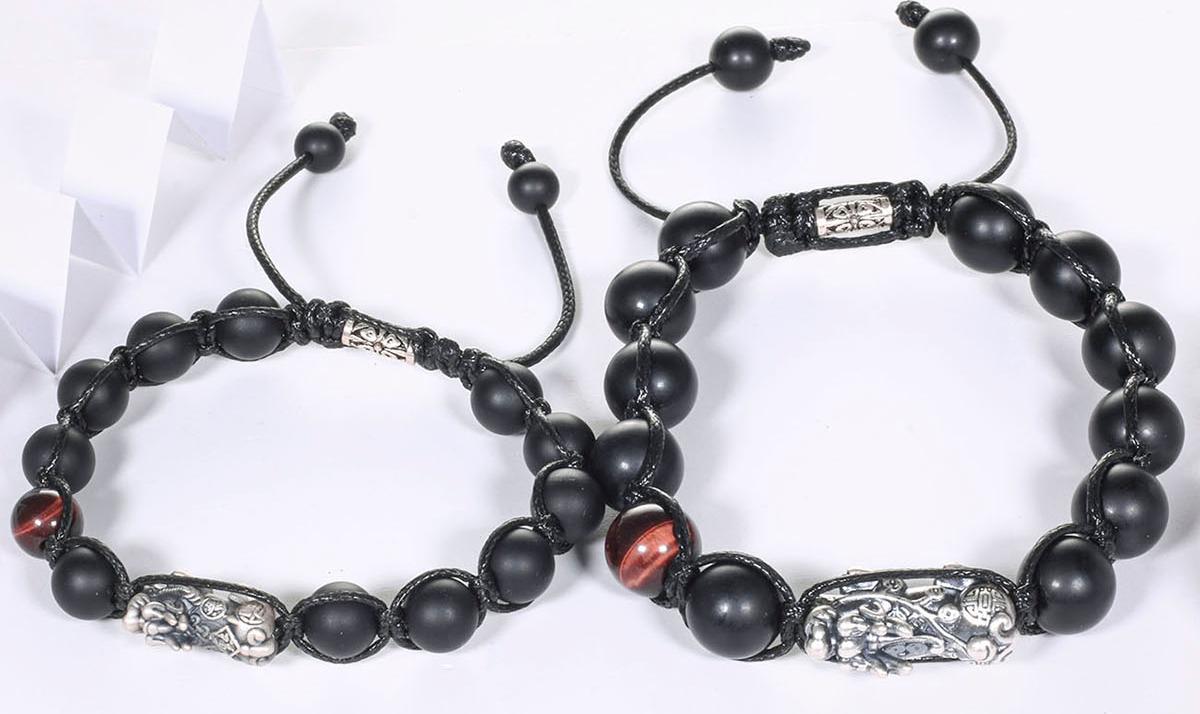 Cặp vòng tay nam nữ đá obsidian nhám kết tỳ hưu bạc mệnh thủy, mộc - Ngọc Quý Gemstones