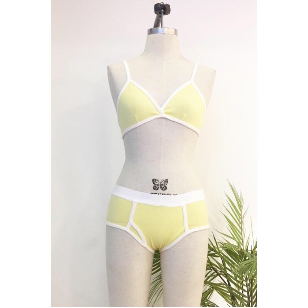 Set bikini vàng viền trắng cotton không mút không gọng, quần xanh viền trắng chất cotton