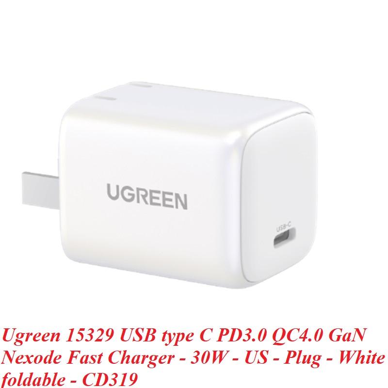 Ugreen UG15329CD319TK 30W Bộ sạc nhanh Nexode GaN USB Type-C PD3.0 qc4.0 Màu Trắng chuẩn cắm US - HÀNG CHÍNH HÃNG