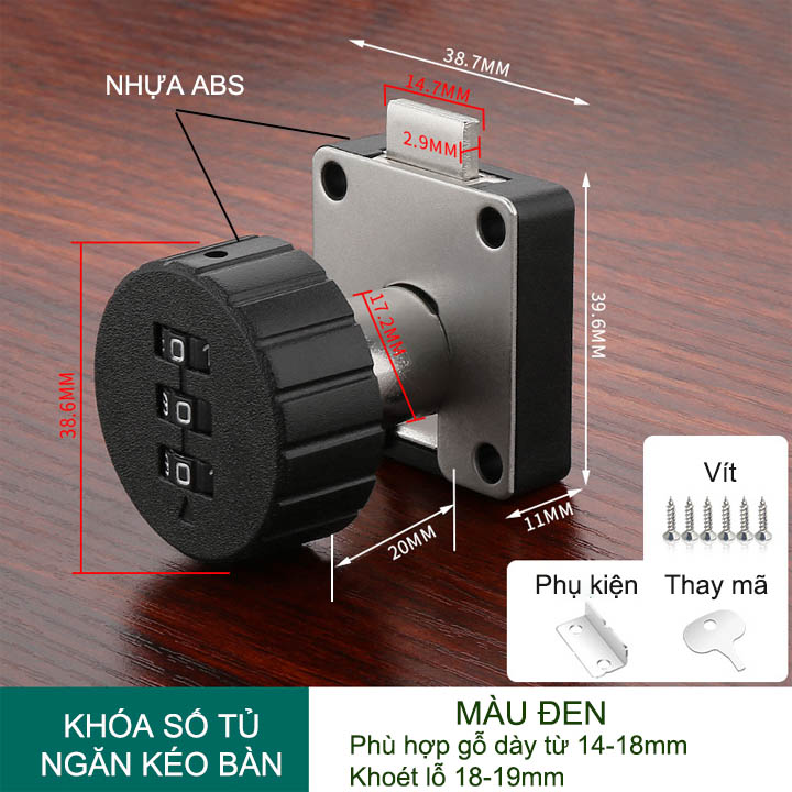 Khóa số ngăn kéo bàn, tủ, loại ABS20 dài 20mm với 3 mã số có thể thay đổi được (ABS20)