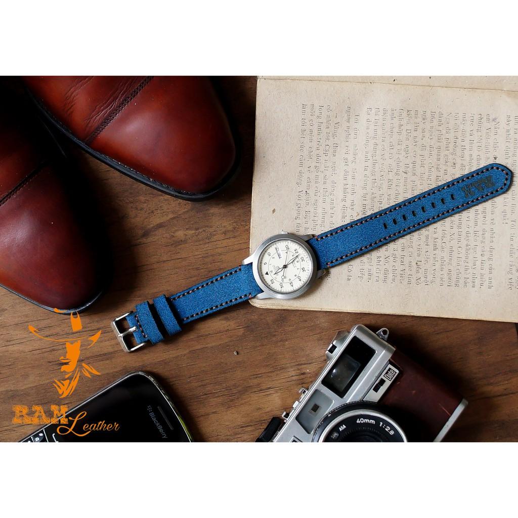 Dây đồng hồ da bò thật RAM Leather classic 1963 xanh blue coban handmade