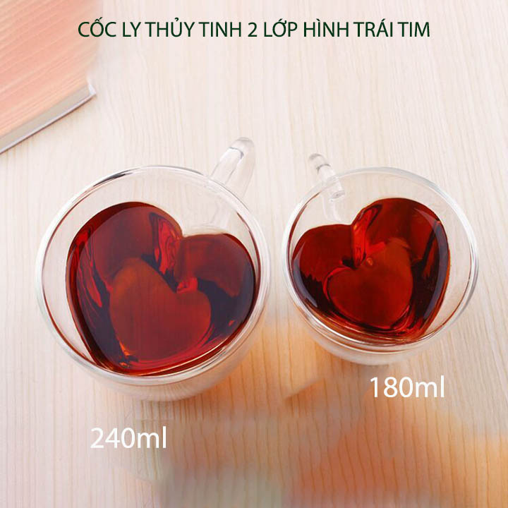 Cốc thủy tinh 2 lớp hình trái tim, dùng uống cà phê, trà, sữa, loại 180ml-240ml tùy chọn