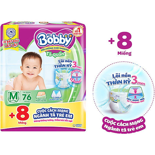 Tã quần Bobby - Đệm Lưng Thấm Mồ Hôi M76 (76 miếng) - Tặng 8 miếng trong gói