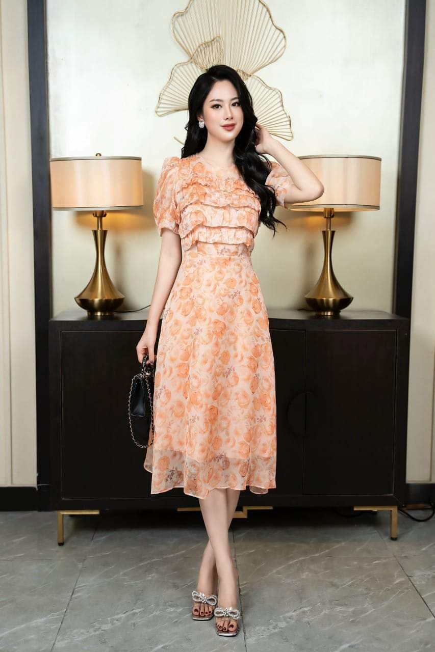 Đầm hoa xòe phối tâng tay phông xinh và sang