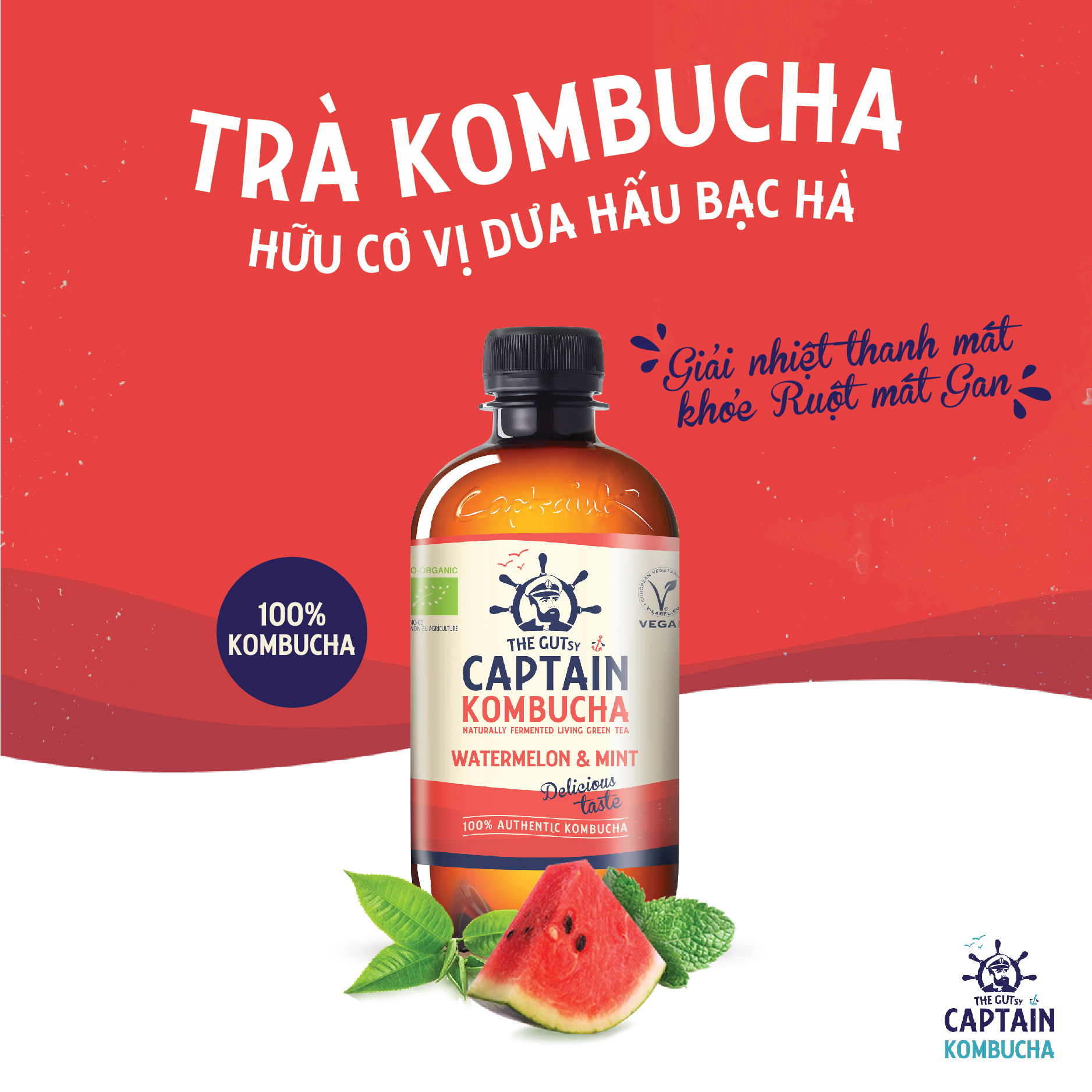 Trà Kombucha hữu cơ vị dưa hấu bạc hà Captain Kombucha 400ml