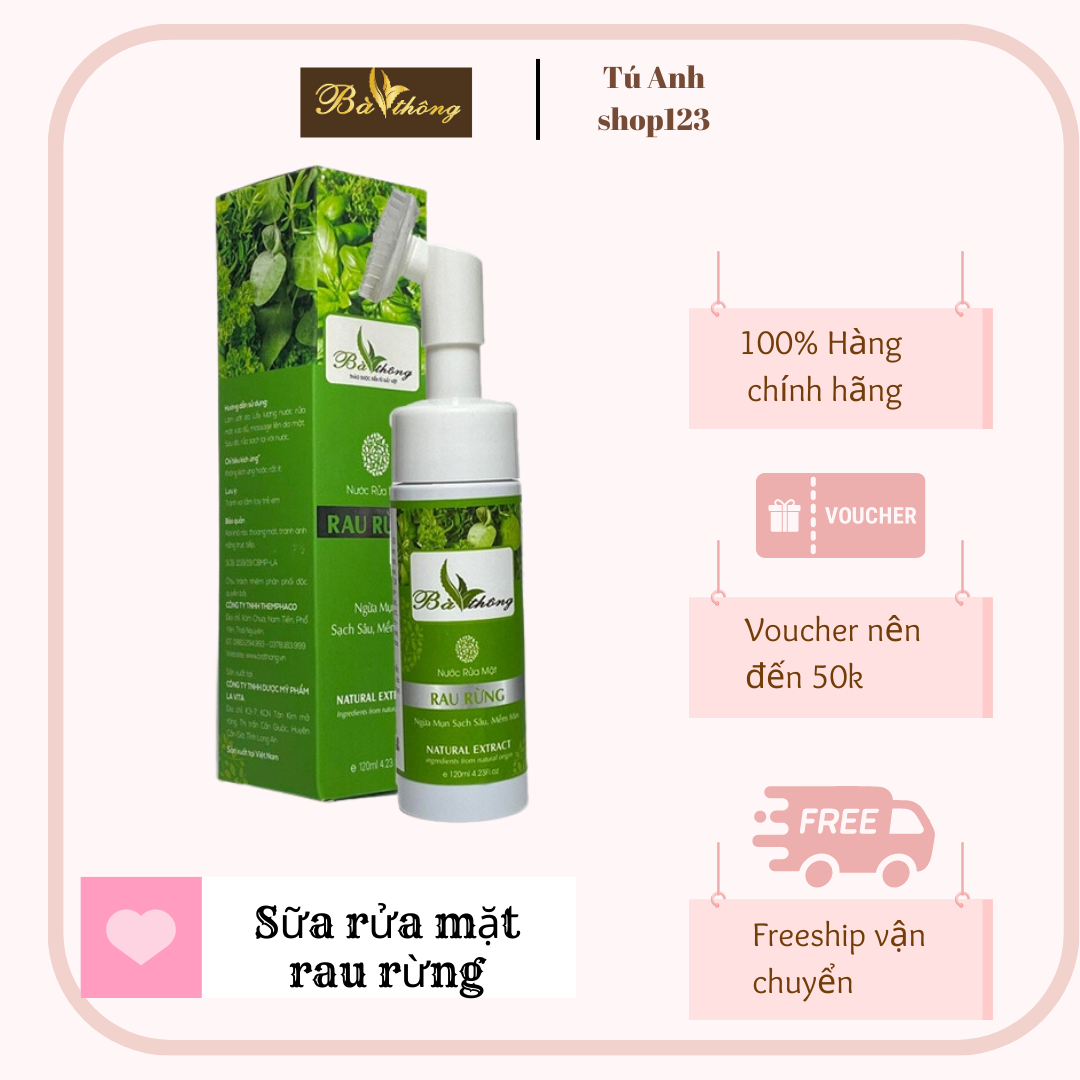 Sữa rửa mặt cho da mụn, da dầu mụn Rau rừng Bà Thông thiên nhiên 120ml đầu cọ mềm