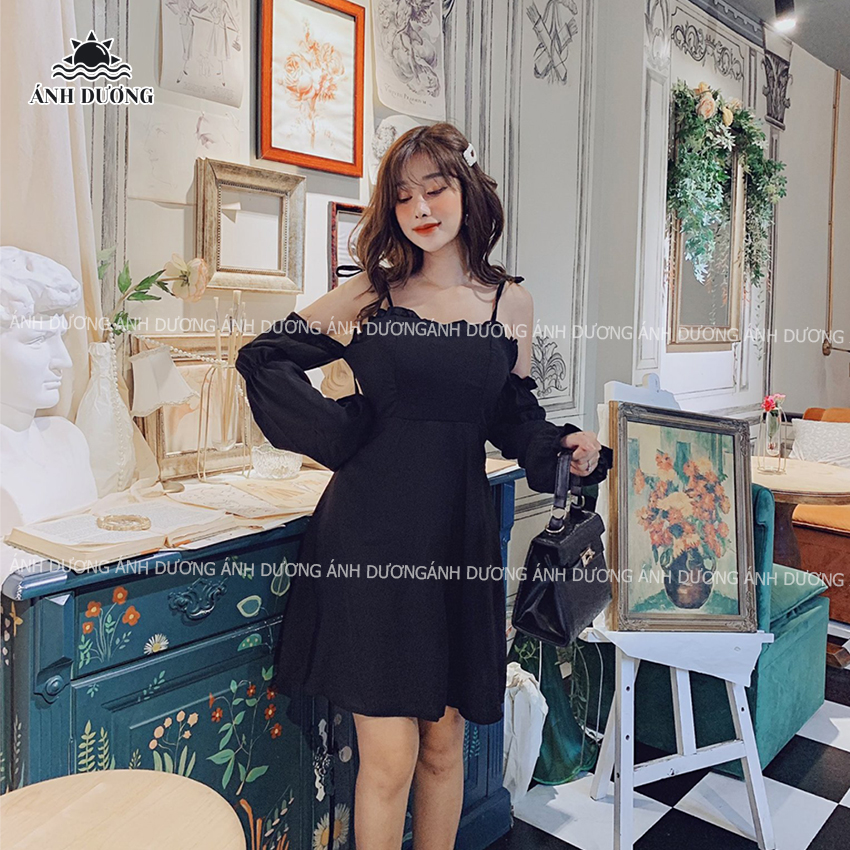 Đầm trễ vai 2 dây cột nơ 2 màu trắng đen thích hợp đi chơi hẹn hò