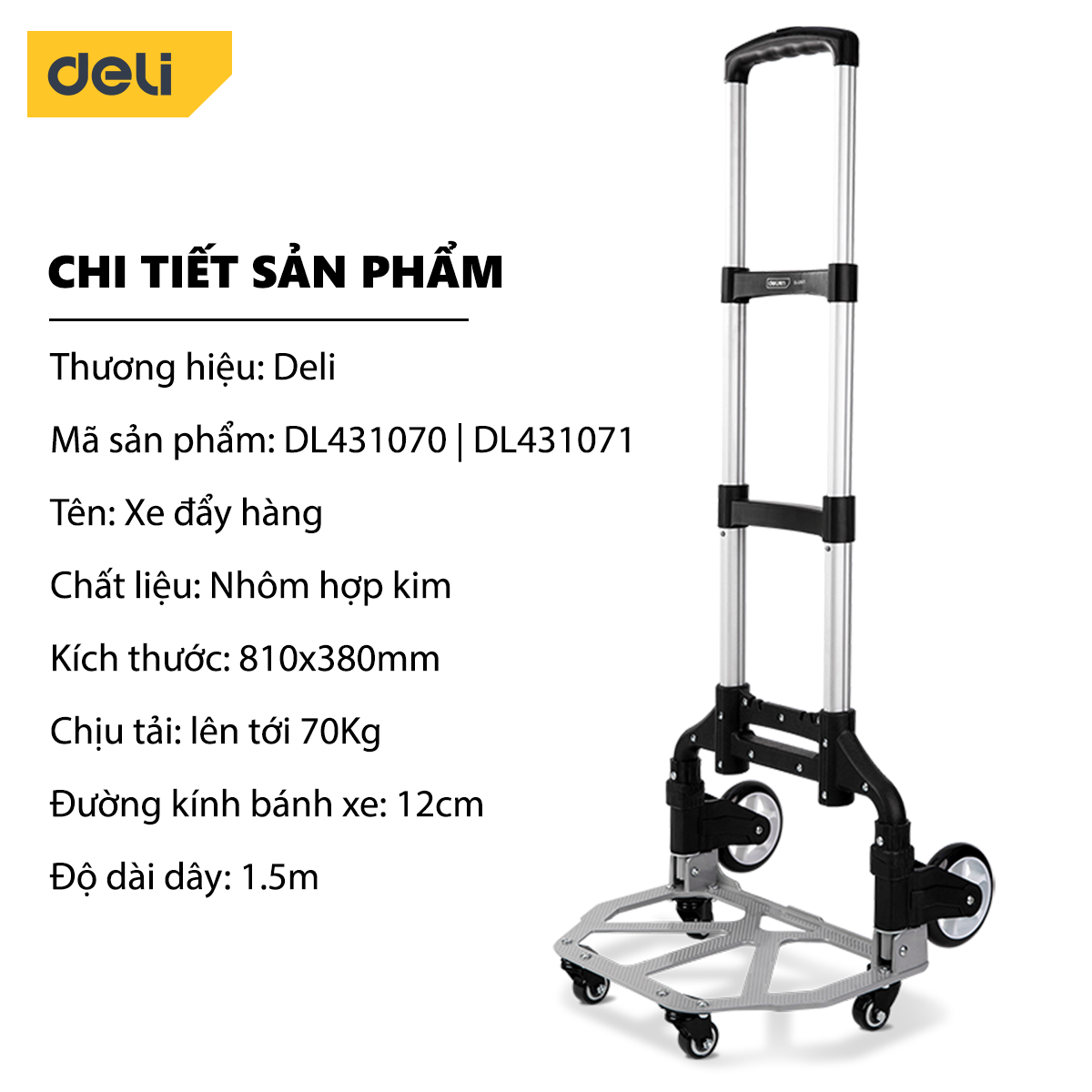 Xe Đẩy Hàng Gấp Gọn Đa Năng Deli Cao Cấp 6 Bánh / 2 Bánh - Chất Liệu Hợp Kim Nhôm Siêu Bền - Tải Trọng 70kg - DL431070