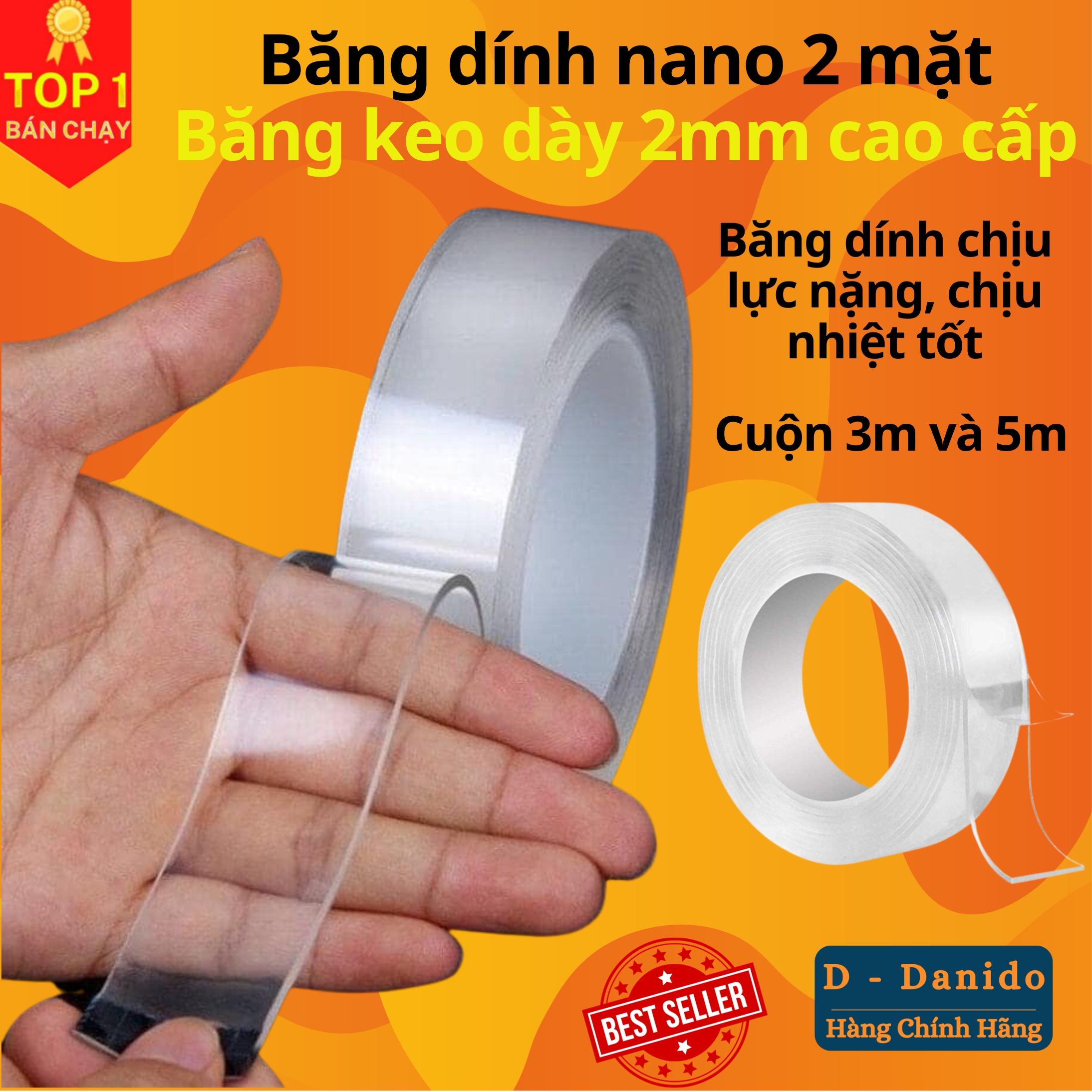 Băng dính nano 2 mặt trong suốt siêu dính, Băng dính hai mặt đa năng siêu dày 2mm loại dài 3m và 5m - Hàng cao cấp chính hãng D Danido