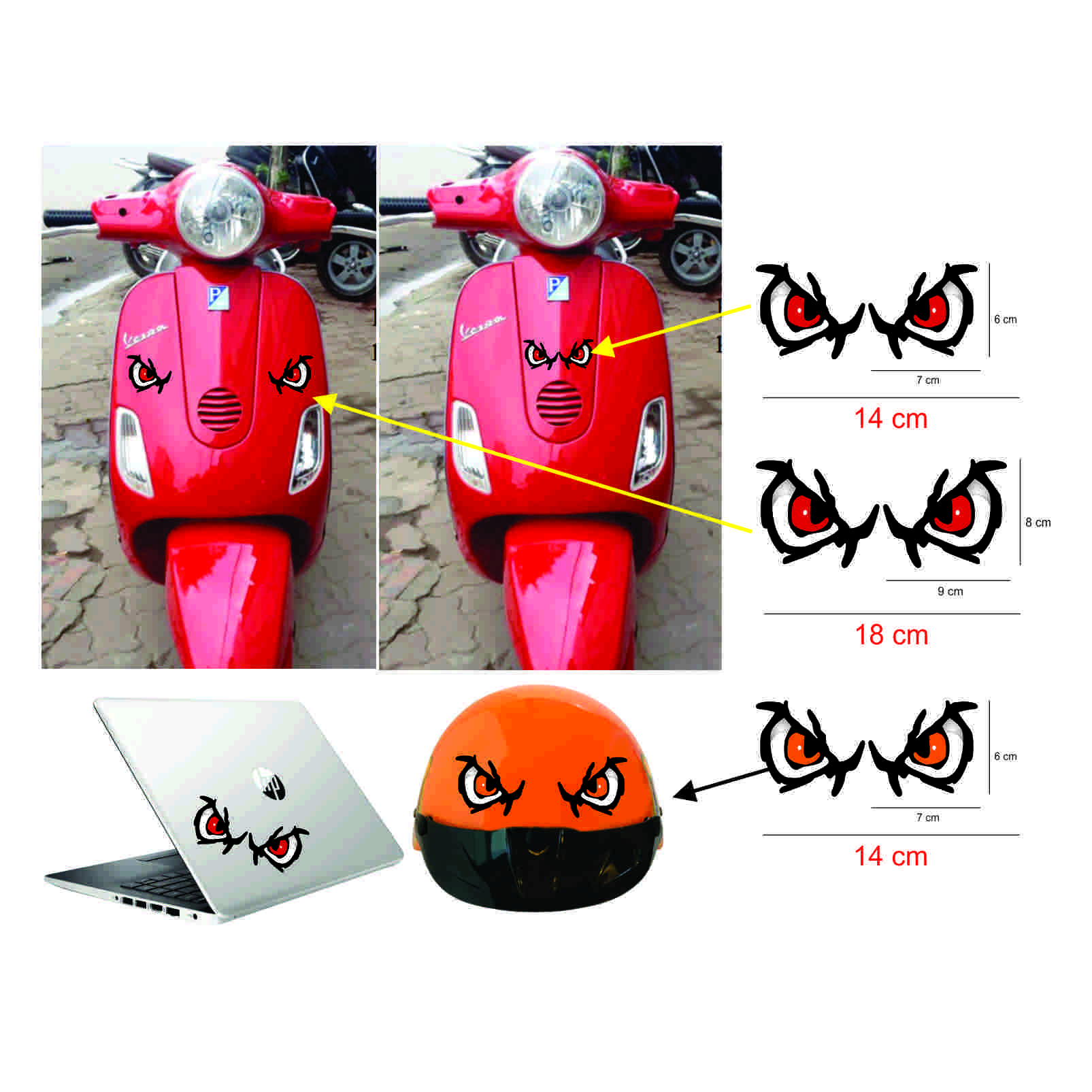 Decan đôi mắt trang trí xe máy, sticker đôi mắt kích thước nhỏ dán gương ô tô, xe máy, điện thoại, mũ bảo hiểm...