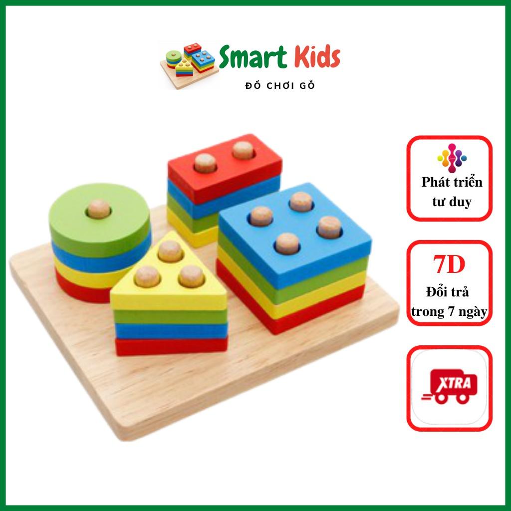Đồ chơi trí tuệ cho bé gái bé trai, xếp hình khối gỗ thả hình hình học 4 trụ cho bé SmartKids