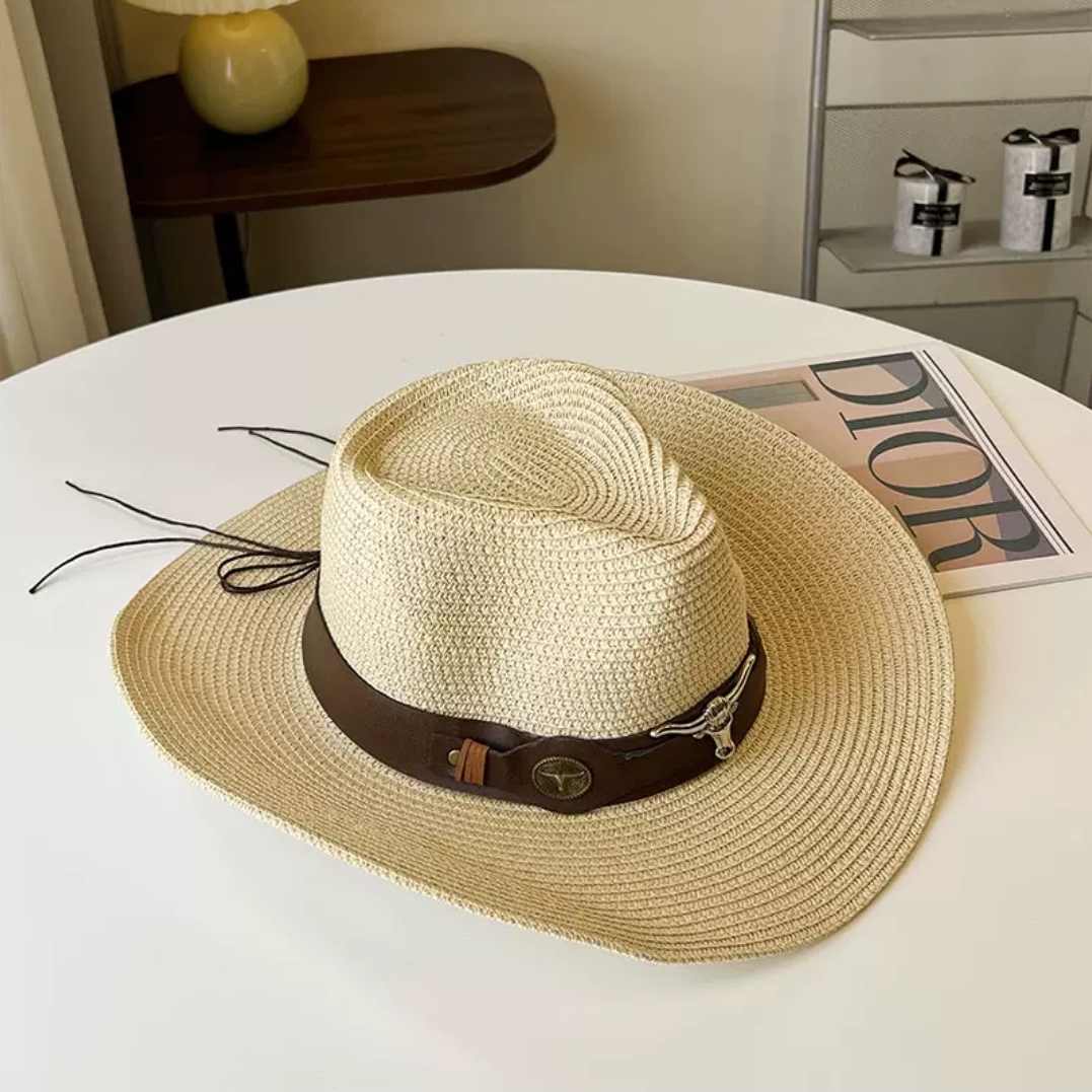 Nón mũ cói cao bồi phong cách Hàn Quốc dành cho cả nam và nữ. Thiết kế đẹp, màu trắng kem nâu nhạt nâu dậm. Kiểu dáng gập gọn tiện lợi.    * Sản phẩm mang phong cách Hàn Quốc Dona25060101