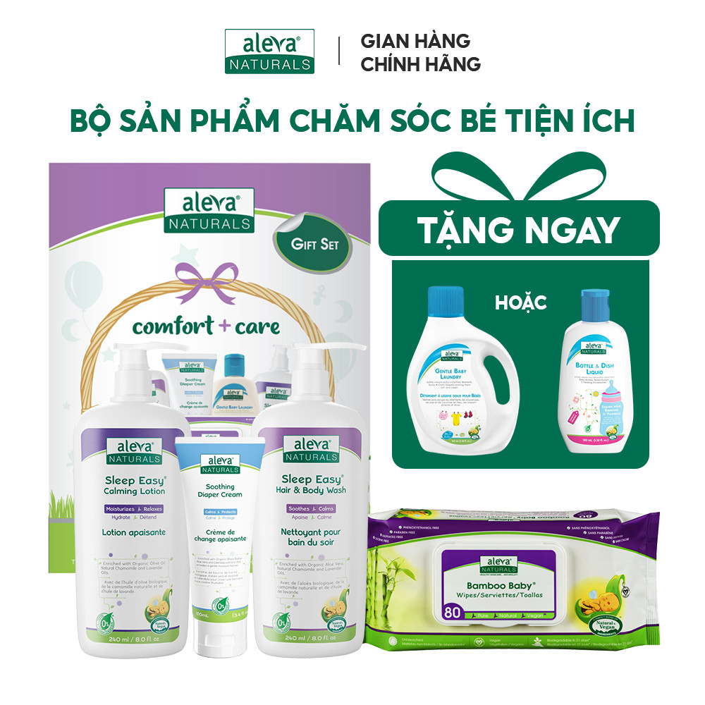 Combo tắm gội, dưỡng ẩm, làm mịn da giúp bé ngủ ngon Aleva Naturals (set 04 sản phẩm)