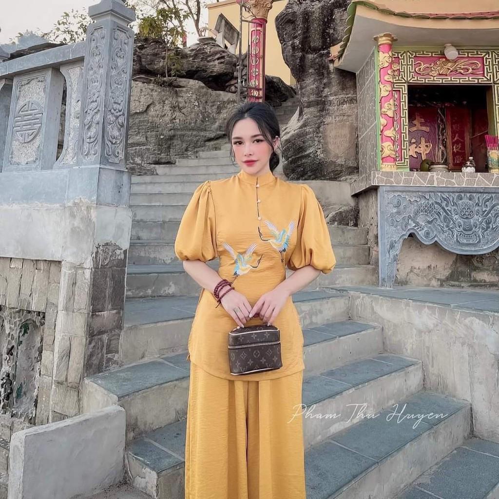 QUẦN ÁO ĐI CHÙA CAO CẤP SJ04 VẢI CÁT NHUNG THÊU HẠC SJ04