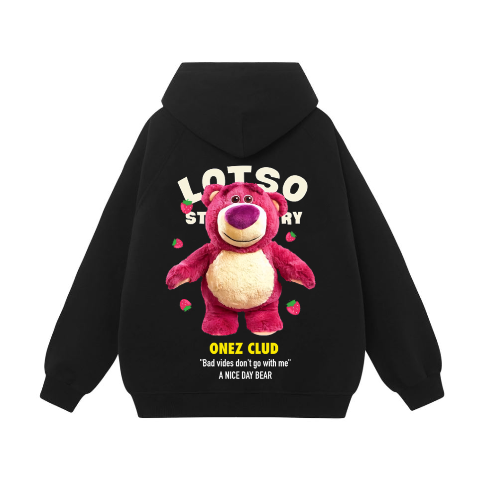 Hình ảnh Áo hoodie gấu dâu Lotso local brand form rộng OneZ màu hồng nỉ bông hàn quốc đẹp ,mềm mịn có mũ 2 lớp dày