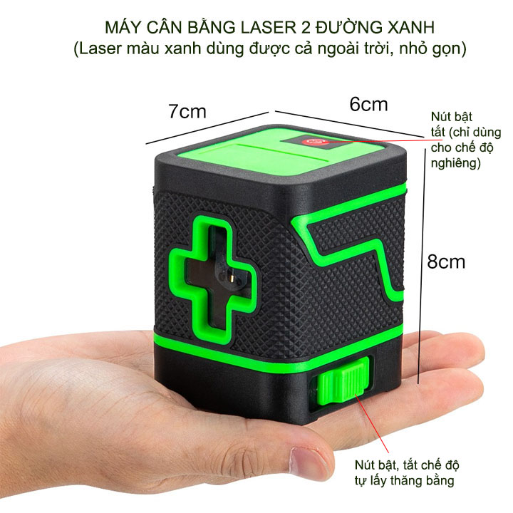 Máy tự cân bằng laser 2 đường vuông góc màu xanh, đo được ngoài trời