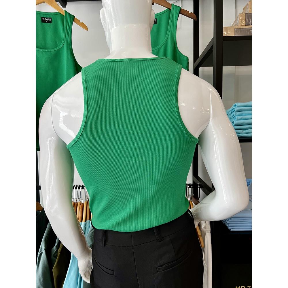 Áo Thun Ba Lỗ Tank Top Nam Cổ Vuông Màu Xanh Cotton Tăm Gân Tôn Dáng Thương Hiệu Mr Twins