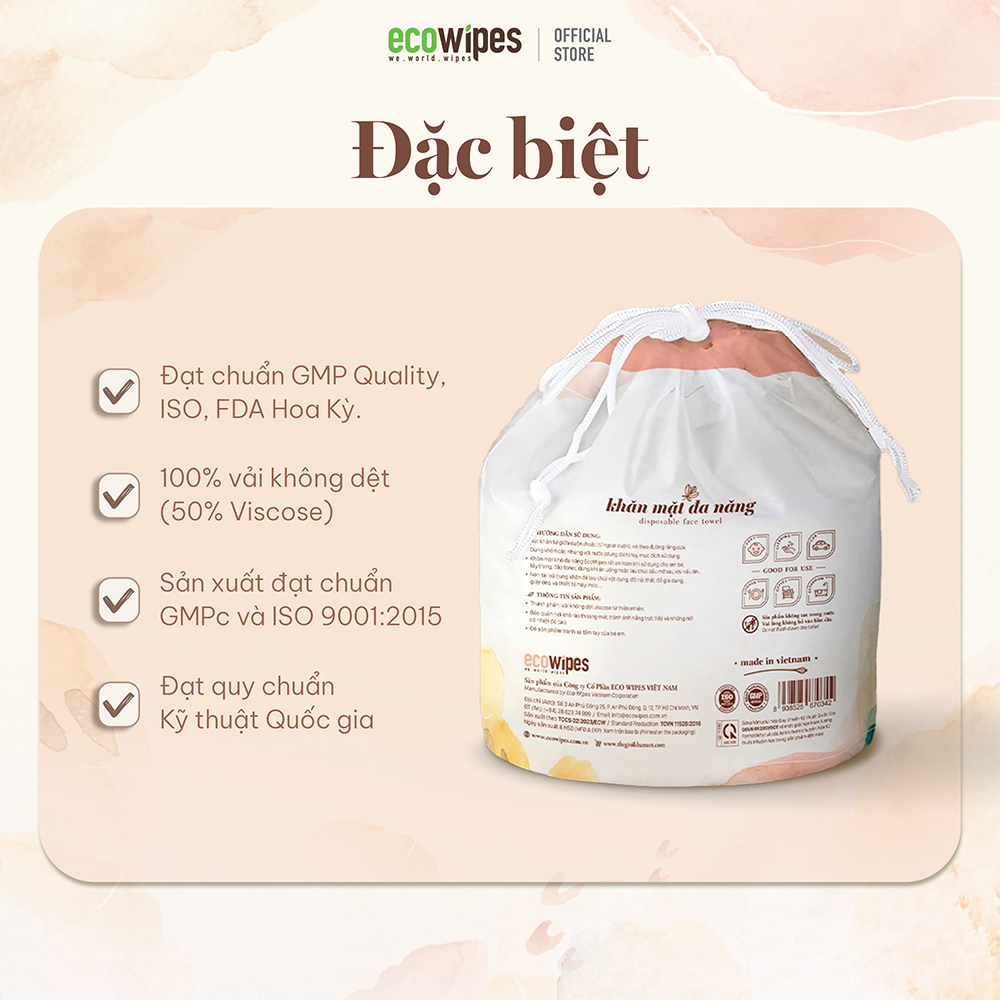 Combo 05 túi khăn mặt khô đa năng Ecowipes cuộn 80 tờ size khăn 20x20cm dùng 1 lần lau khô lau ướt giấy lau mặt dùng một lần