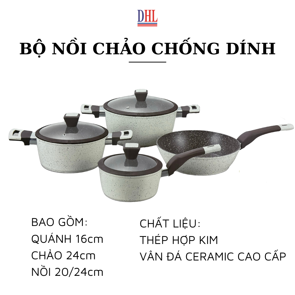 Bộ nồi chảo bếp từ vân đá chống dính cao cấp Mitomo Giyoca 4 món - Hàng chính hãng BH 24 tháng