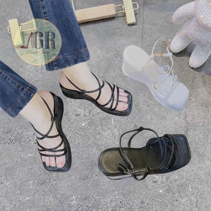 Sandal xuồng đan dây mảnh da mềm cao 7 cm