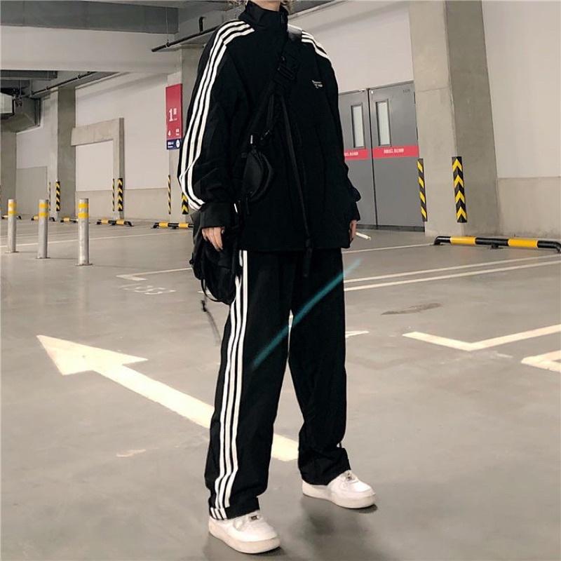 {Hottrend} Bộ Quần Áo Thể Thao 3 Sọc Dáng Rộng Phong Cách Hip Hop Hàn Quốc Thời Trang Thu Đông Cá Tính