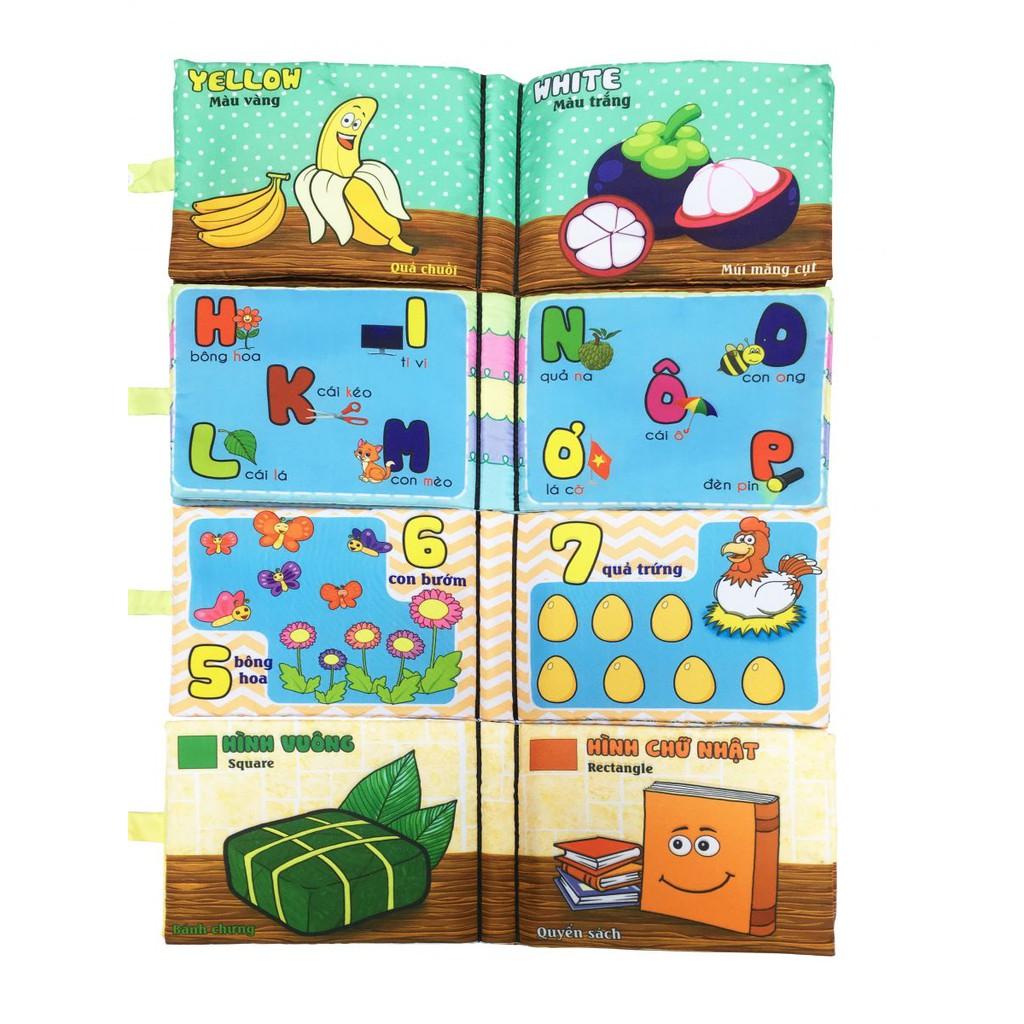 Bộ 4 Cuốn Sách Vải PiPo chủ đề: Hoa quả màu sắc, Hình khối, Chữ cái Tiếng Việt và Số đếm