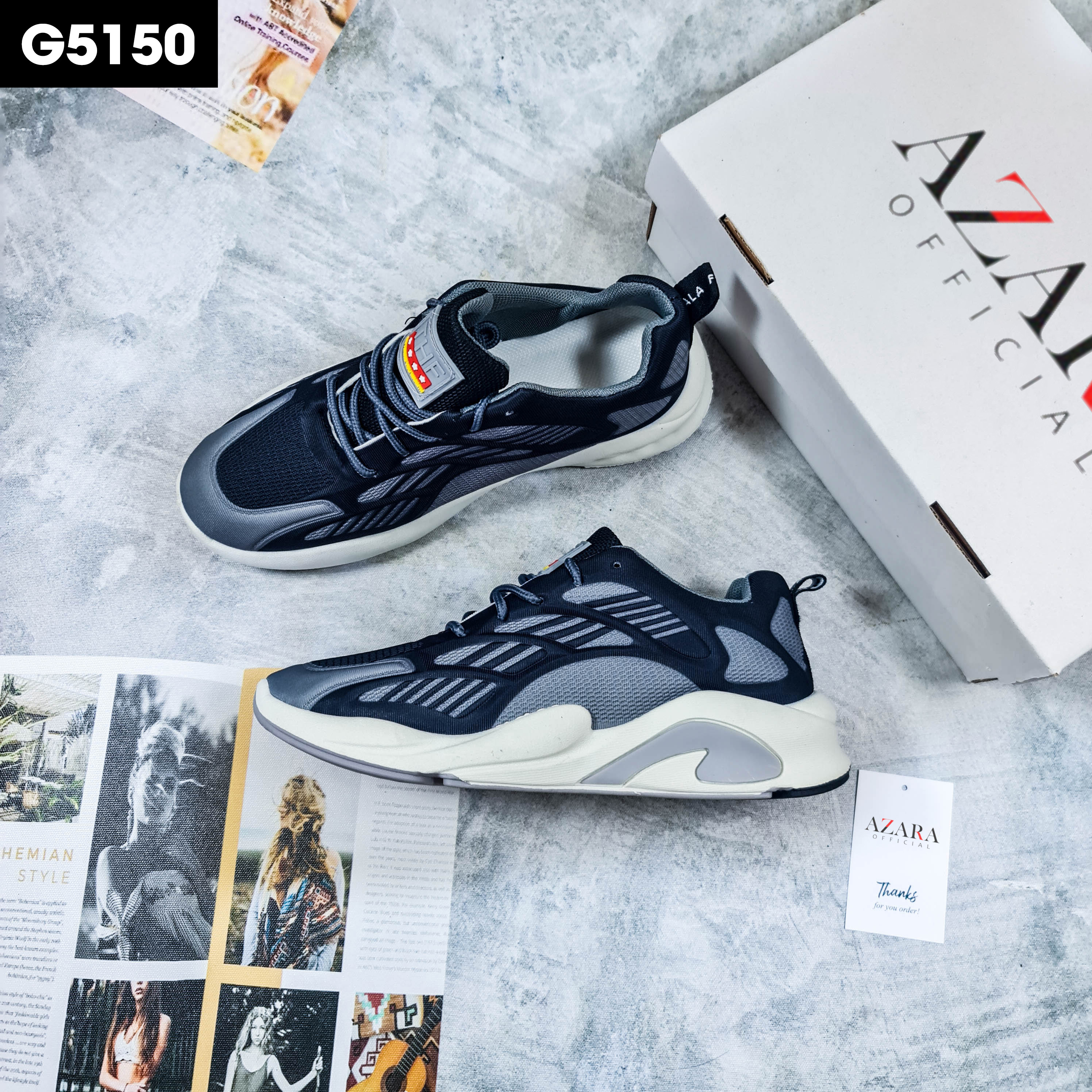 Giày Thể Thao Nam AZARA - Sneaker Màu Đen Viền Xám - Xám, Giày Thể Thao Vận Động, Thoáng Khí - G5150