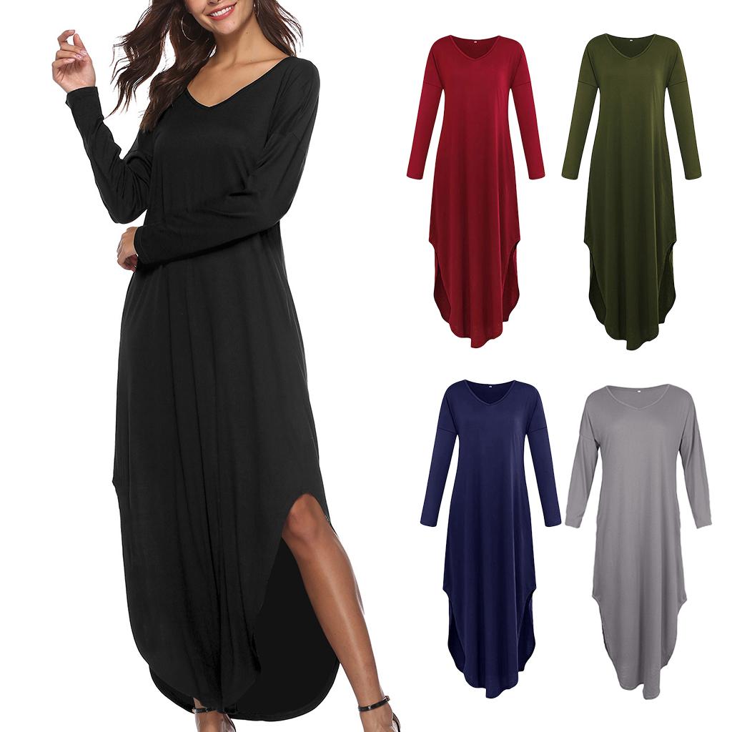 Women's V Neck Long Sleeve Side Pocket Split Beach Loose Long Maxi Dress