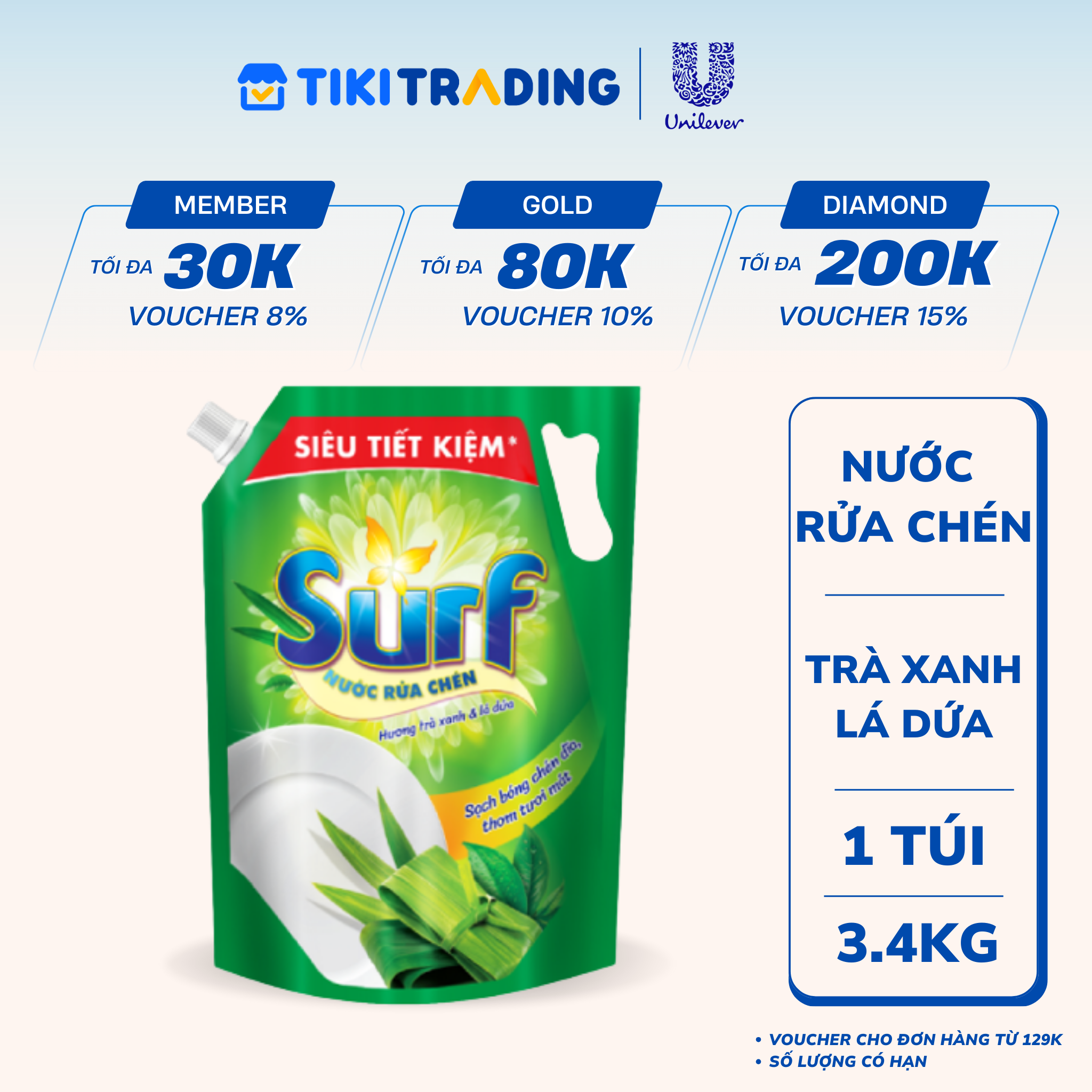 Túi Nước Rửa Chén SURF Hương Trà Xanh Lá Dứa