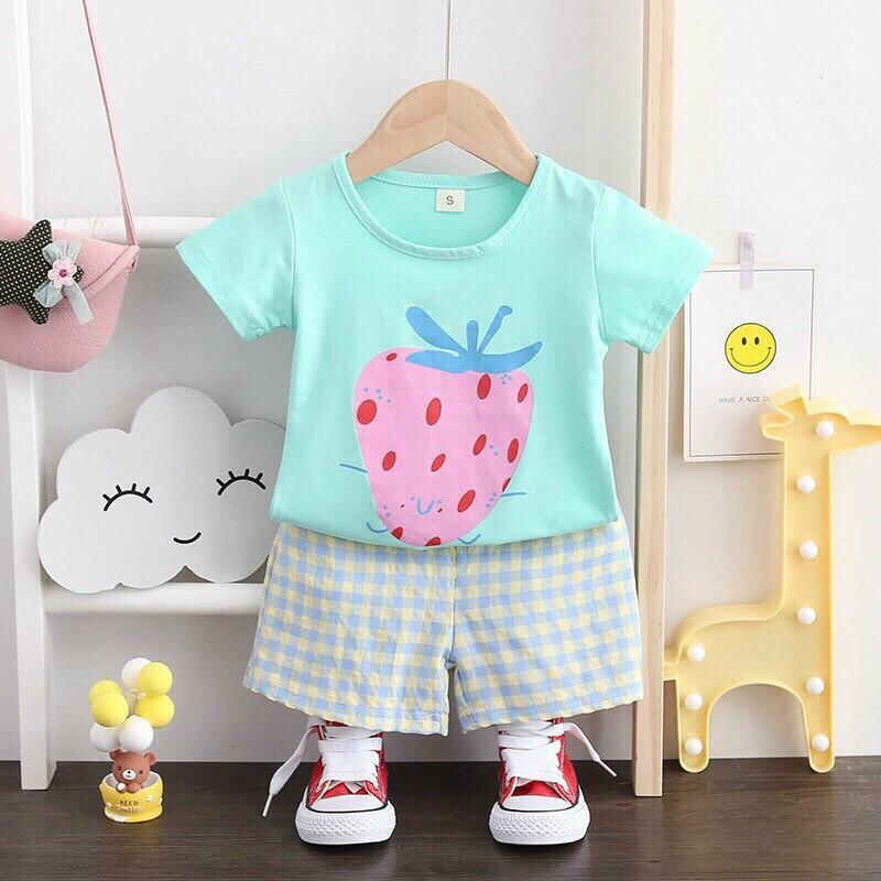 BỘ CỘC TAY COTON MÙA HÈ 2021 HOẠ TIẾT DÂU TÂY CHO BÉ GÁI TỪ 8KG-19kg Mã 337