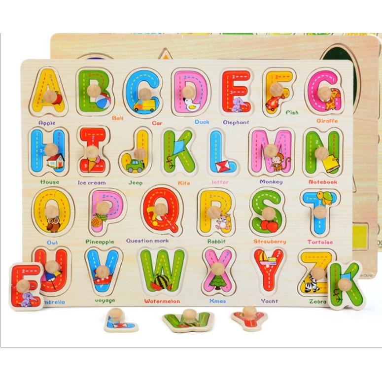 Bảng núm gỗ chữ cái, bảng số loại một khổ lớn, đồ chơi xếp hình gỗ thông minh cho bé học tập khổ lớn 9*12cm