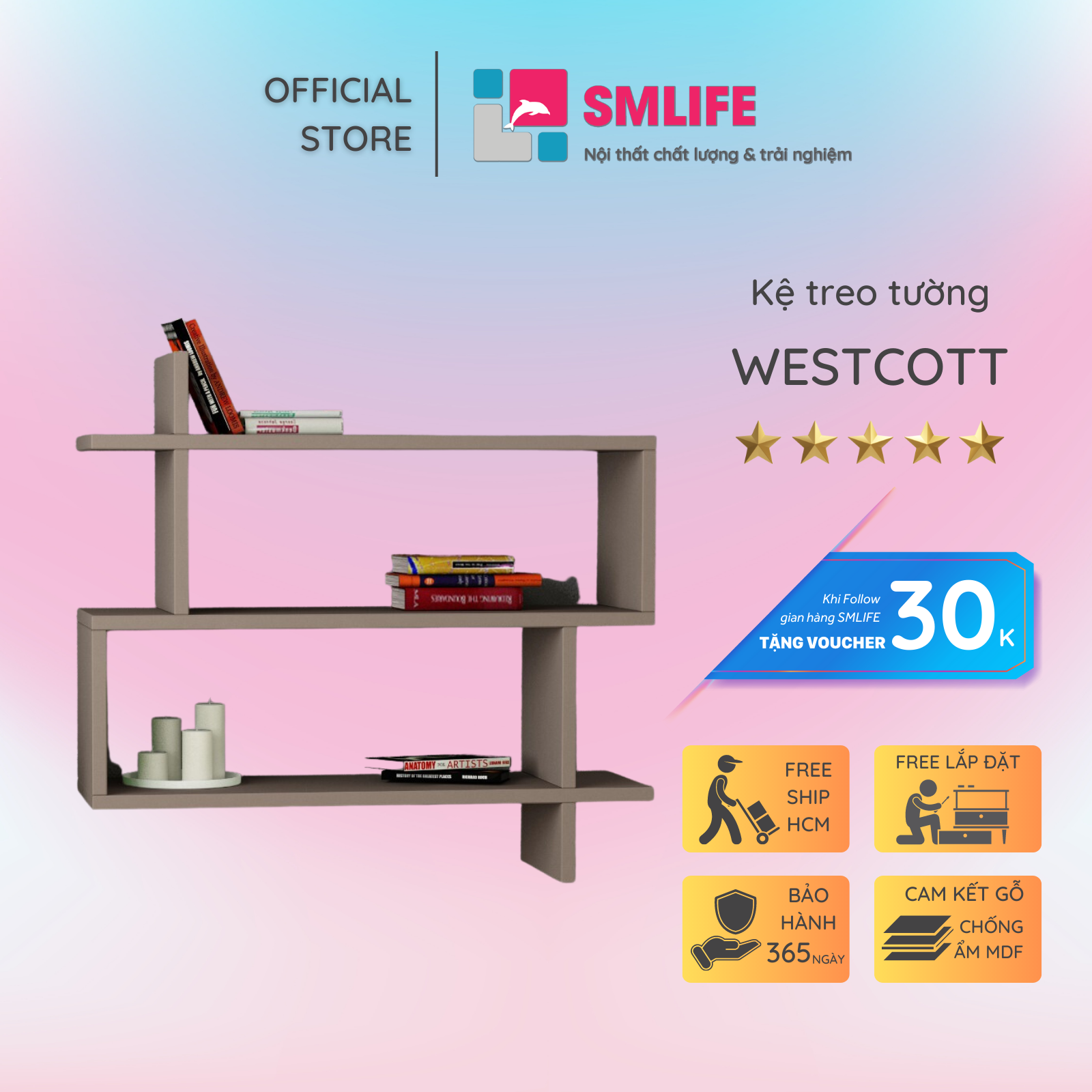 Kệ gỗ treo tường trang trí hiện đại SMLIFE Westcott  | Gỗ MDF dày 17mm chống ẩm | D70xR20xC65cm - Màu