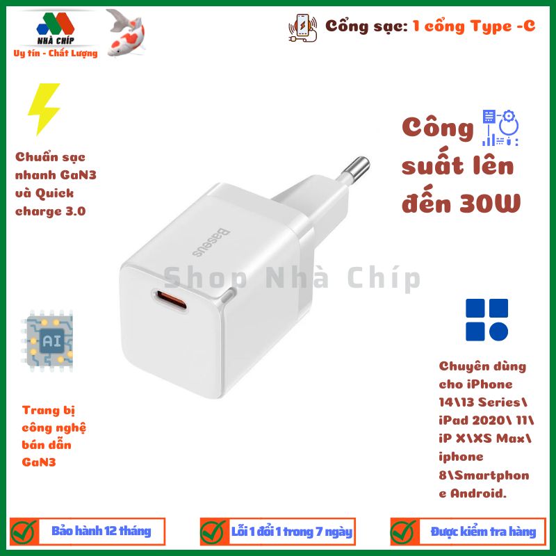 Củ sạc nhanh, nhỏ gọn Baseus GaN3 Quick Charger 1C 30W (PD/ QC / PPS Multi Quick Charge Support) - Hàng chính hãng