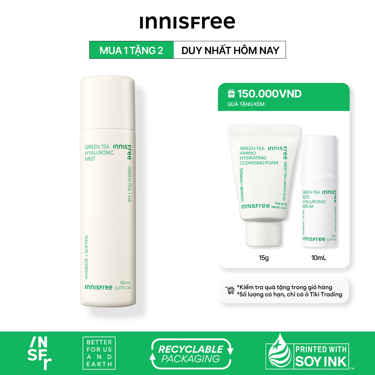 Xịt khoáng dưỡng ẩm trà xanh innisfree Green Tea Mist 150ml
