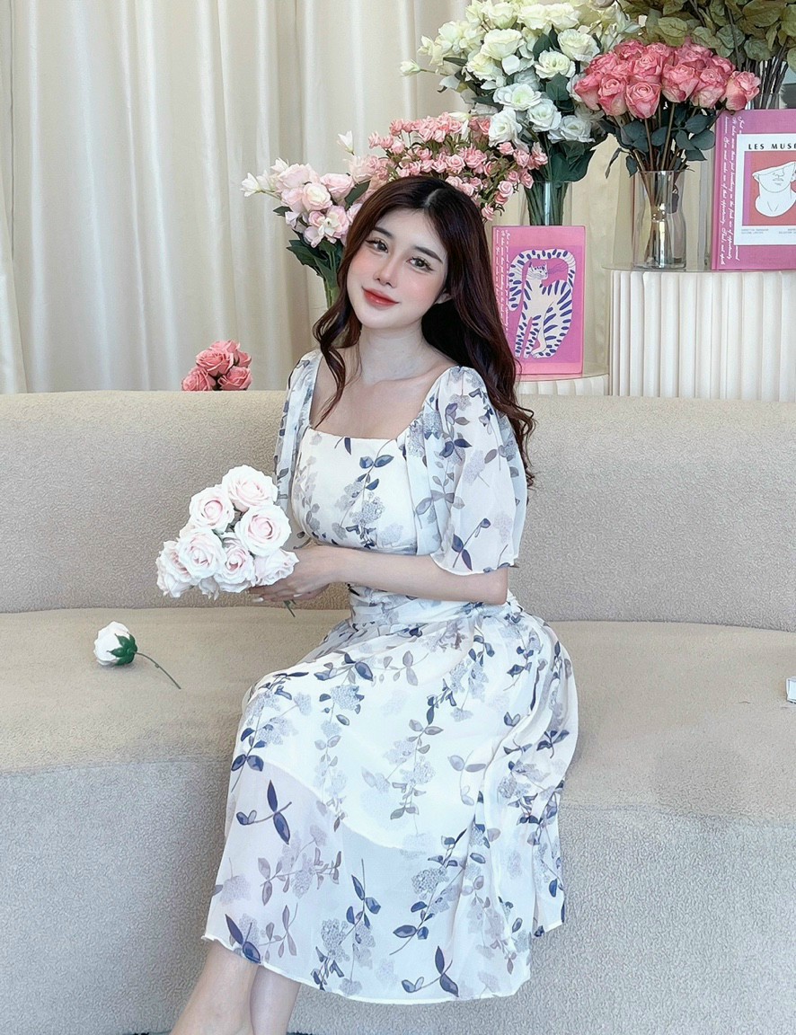 Đầm váy voan lụa nữ dự tiệc cổ vuông cách điệu ngực trắng xanh gợi cảm