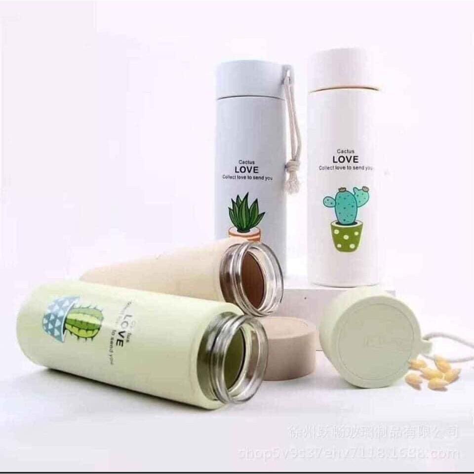 Bình nước in hình xương rồng 400ml lõi thủy tinh bọc vỏ nhựa lúa mạch có dây sách