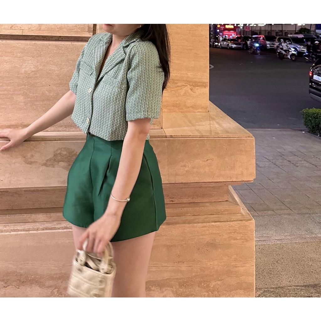 Set crop dạ caro cổ vest tay ngắn kèm quần đùi short xanh cá tính dự tiệc