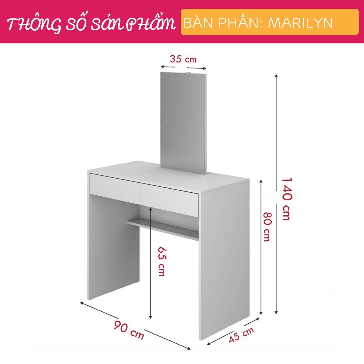 Bàn trang điểm gỗ hiện đại SMLIFE Marilyn | Gỗ MDF dày 17mm chống ẩm | D90xR45xC140cm