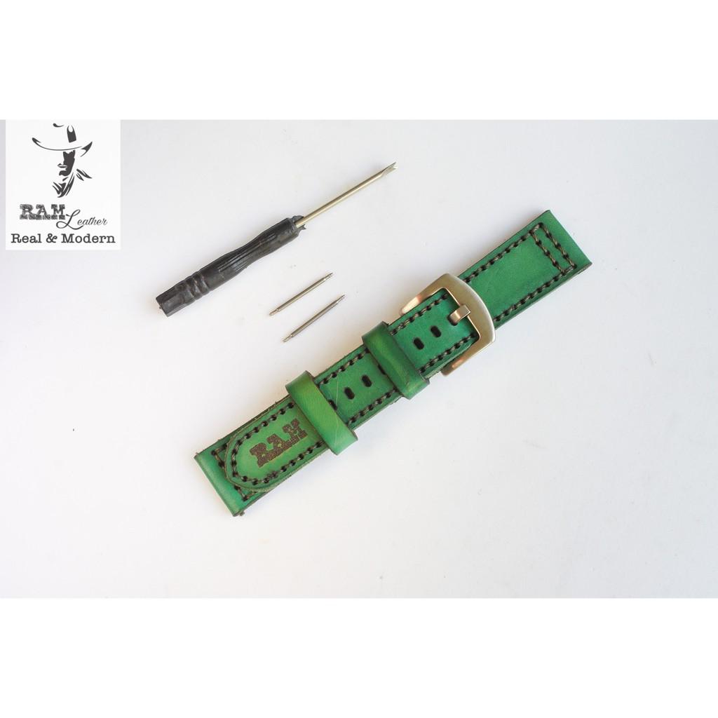 Dây đồng hồ da bò vegtan thảo mộc Ý nhuộm màu thủ công bền chắc - RAM Pilot xanh rêu