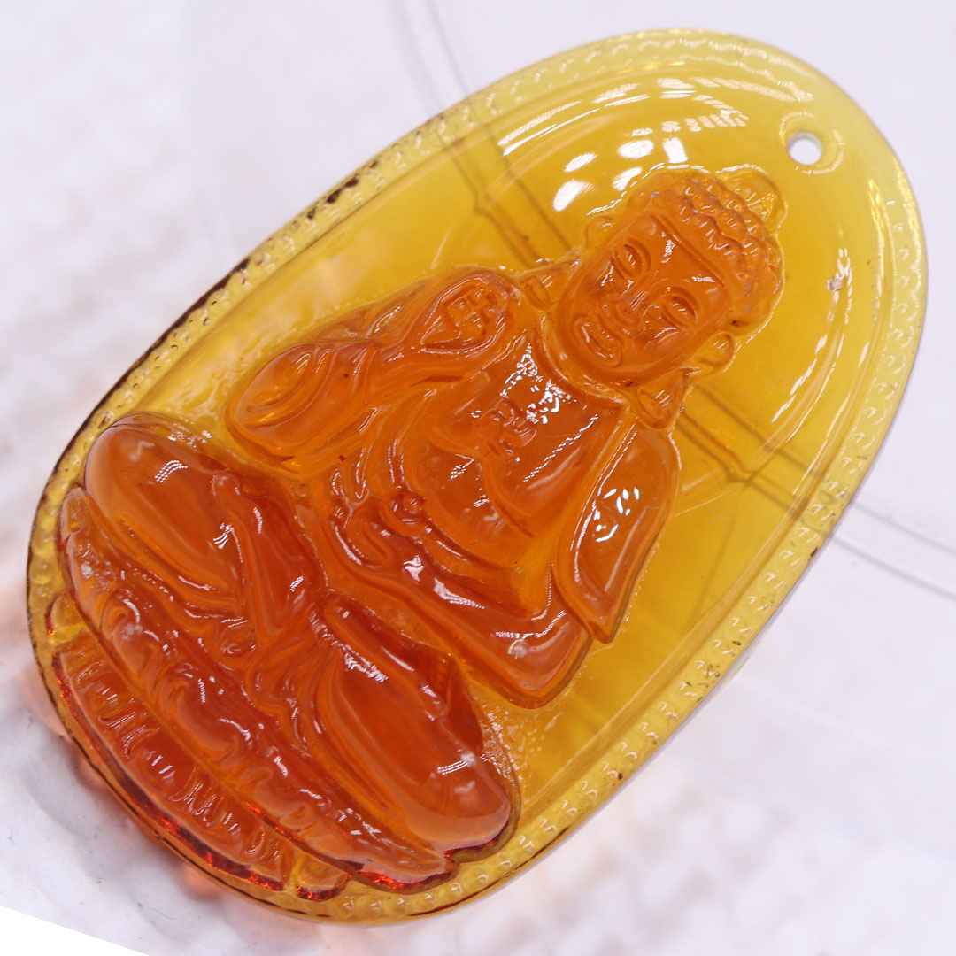 Mặt Phật A di đà pha lê cam 1.9cm x 3cm  kèm vòng cổ dây cao su đen + móc inox vàng, Phật bản mệnh, mặt dây chuyền