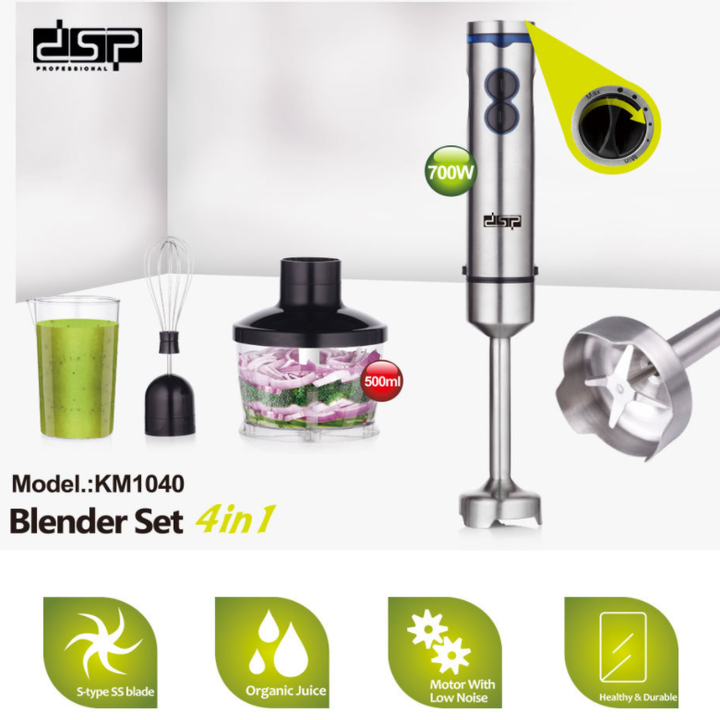 Máy xay sinh tố cầm tay inox 4 trong 1 DSP KM1040 - 2 cối xay 500-700ml - Công suất: 700W - Hàng Chính Hãng