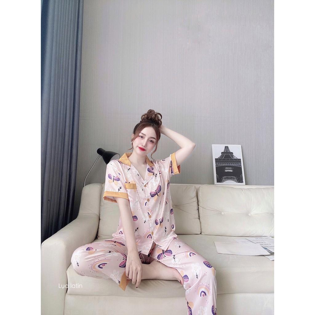 Bộ Pijama Mặc Nhà Nữ Lụa Cao Cấp Kiểu Tay Cộc Quần Dài Họa Tiết Sang Chảnh Dễ Thương