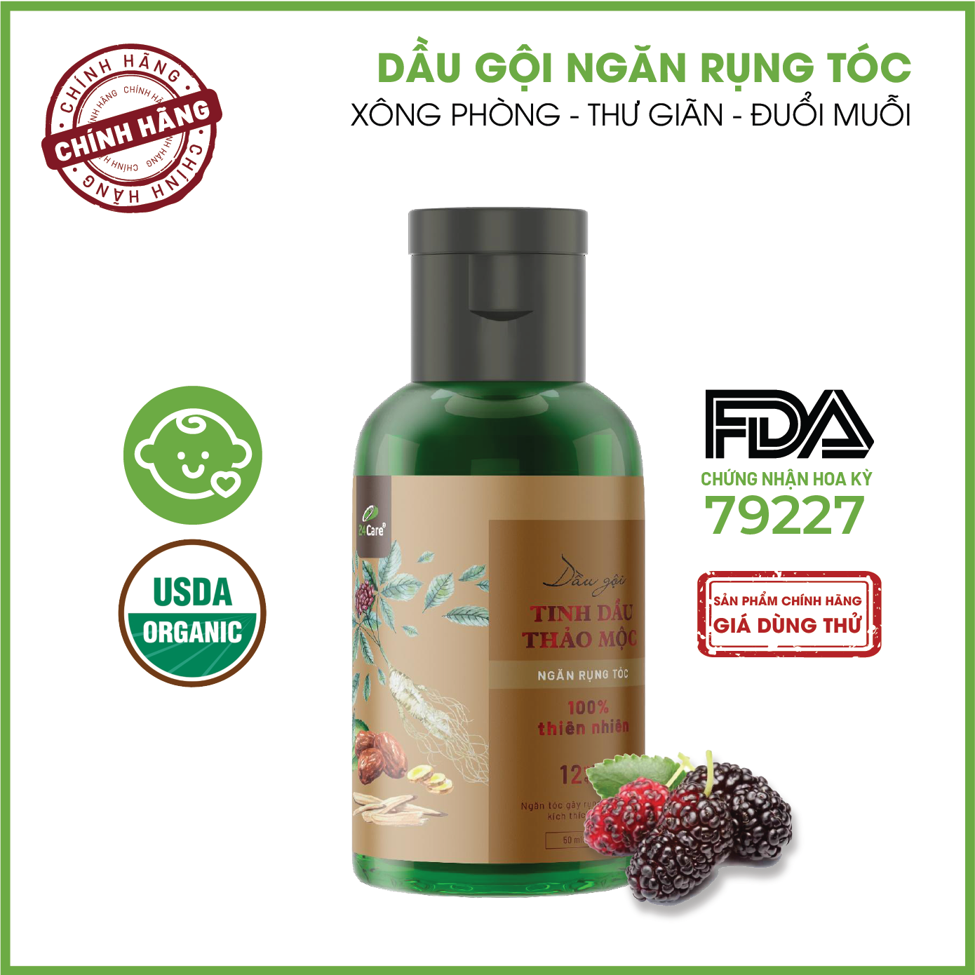 Dầu gội Tinh dầu thảo mộc Ngăn ngừa rụng tóc 24Care - Dành cho Nam - chiết xuất từ tinh dầu thiên nhiên