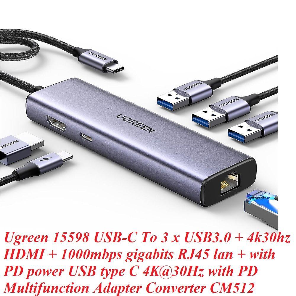 Ugreen UG15598CM512TK USB type C sang 1 x HDMI 4K30Hz + 3 x USB 3.0 + 1 x RJ45 1Gbps + 1 x USB-C PD100W Bộ chuyển 6in1 - HÀNG CHÍNH HÃNG