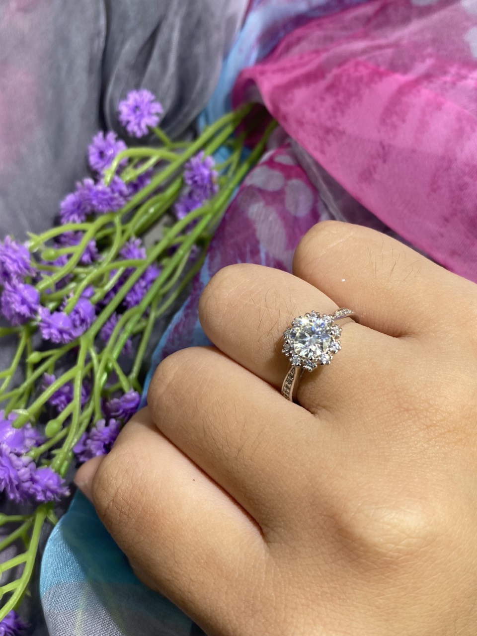 Phụ kiện đeo ngón tay Bạc 925 xi Kim viên chủ Kim Cương nhân tạo Moissanite hạt 1.0 carat (6.5mm) - R10.9.7.6