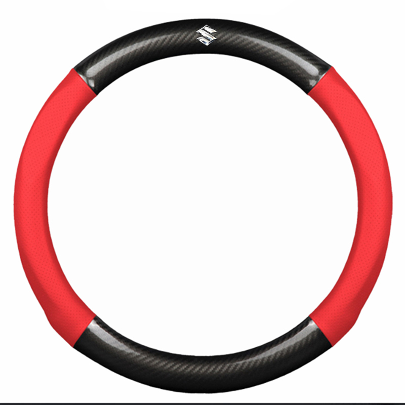 Bọc vô lăng TTAUTO cho xe ô tô có logo SUZUKI chất liệu da vân carbon cao cấp (Đen Đỏ)