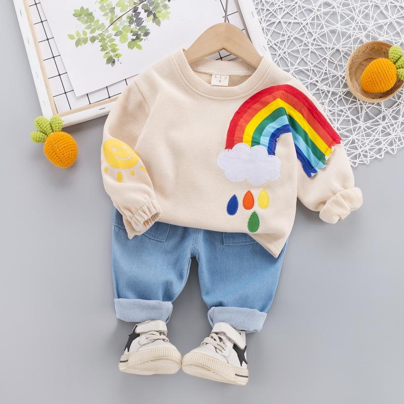 0-4 Năm Tuổi Bộ Quần Áo Bé Trai Mùa Xuân Và Mùa Thu Phù Hợp Với Bé Trai Rainbow Áo Len Cổ Tròn + Quần Jean Thường Ngày quần Áo Cho Bé 2 Phù Hợp Với