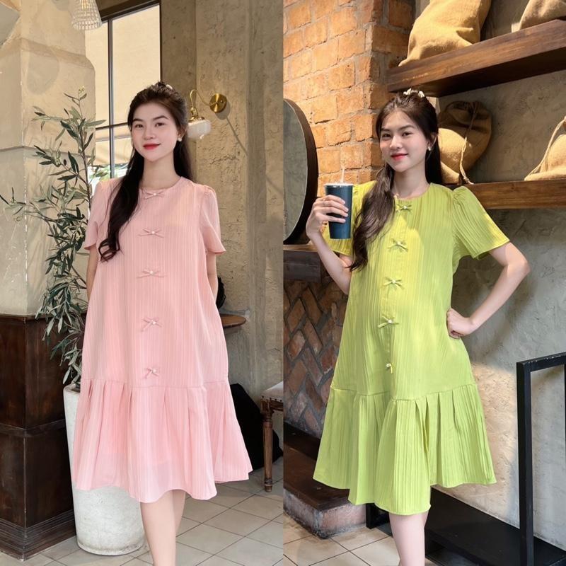 Đầm Bầu Đuôi Cá Xếp Ly Đính Nơ Ngọc Vải Xốp Hàn Xinh Xắn, Trẻ Trung - Xanh Biển