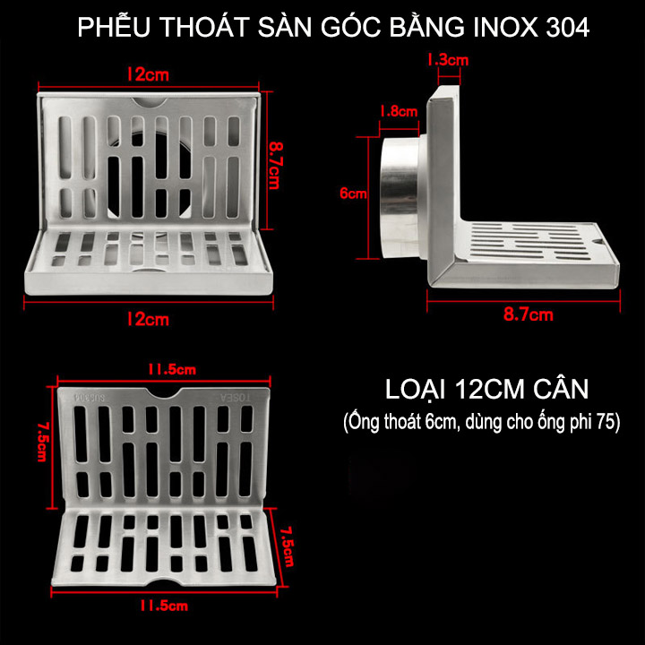 Phễu thoát sàn góc bằng inox 304 dày dặn, loại 12cm lệch hoặc cân tùy chọn (D60mm lắp cho ống D75mm)