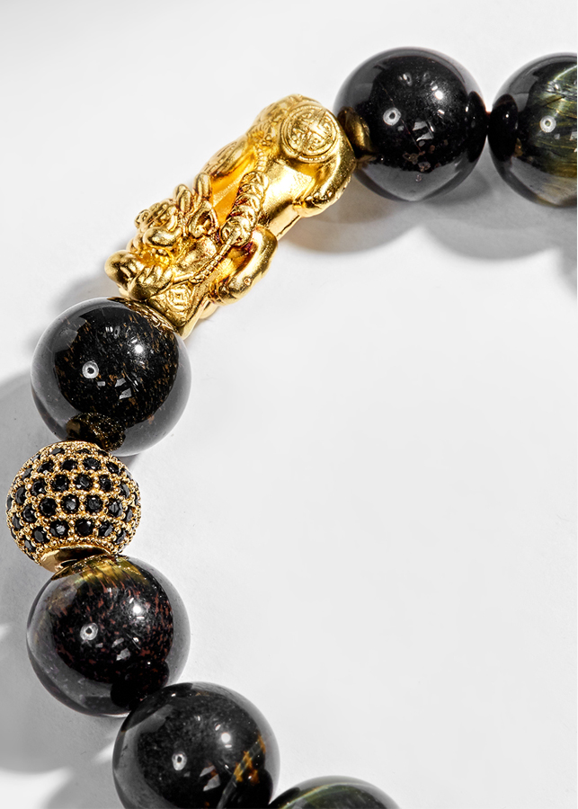 Vòng Tay Nam Đá Mắt Hổ Xanh Đen Phối Tỳ Hưu Bạc Mạ Vàng 24K Ngọc Quý Gemstones